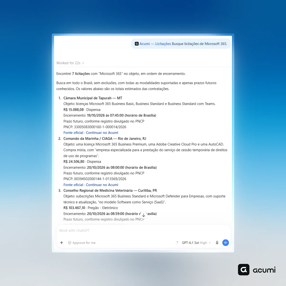 Conversa no ChatGPT em que a Acumi lista licitações abertas de Microsoft 365 no PNCP, com órgão, valor, encerramento e link.