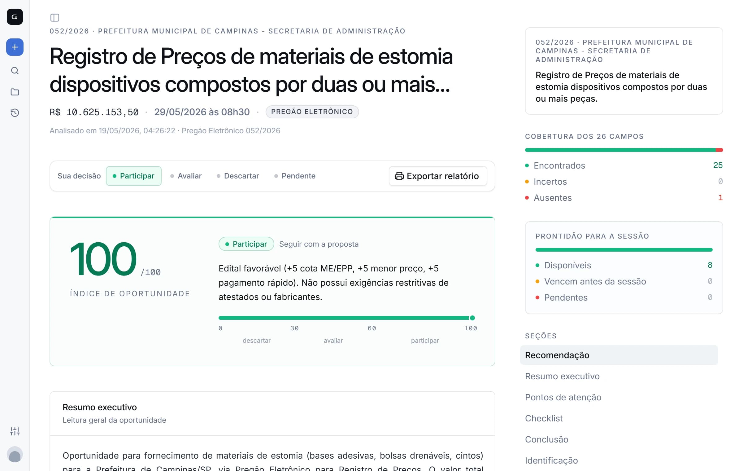 A análise da Acumi do mesmo edital: índice de oportunidade, cobertura dos campos e prontidão para a sessão.
